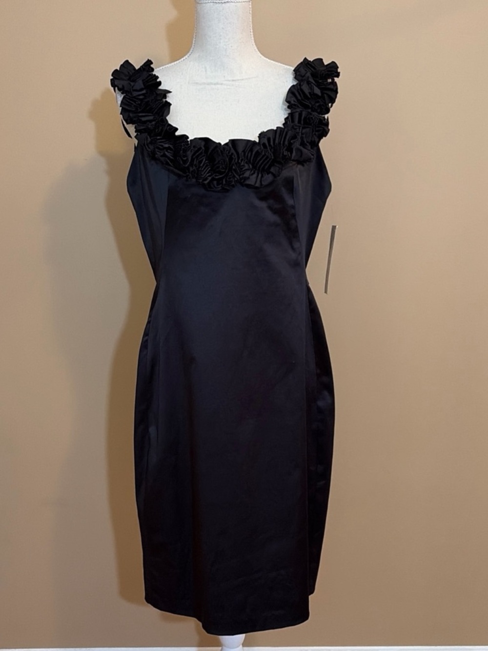 Maggie London Size 12 Black Satin Ruffle Neckline Sheath Dress